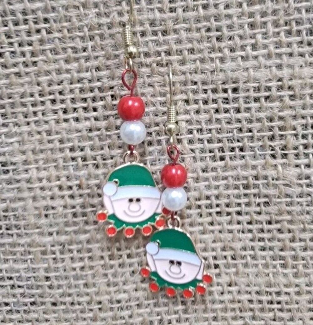 Christmas Elf Pierced Earrings Enamel Gold tone Dangle 2 1/2" New